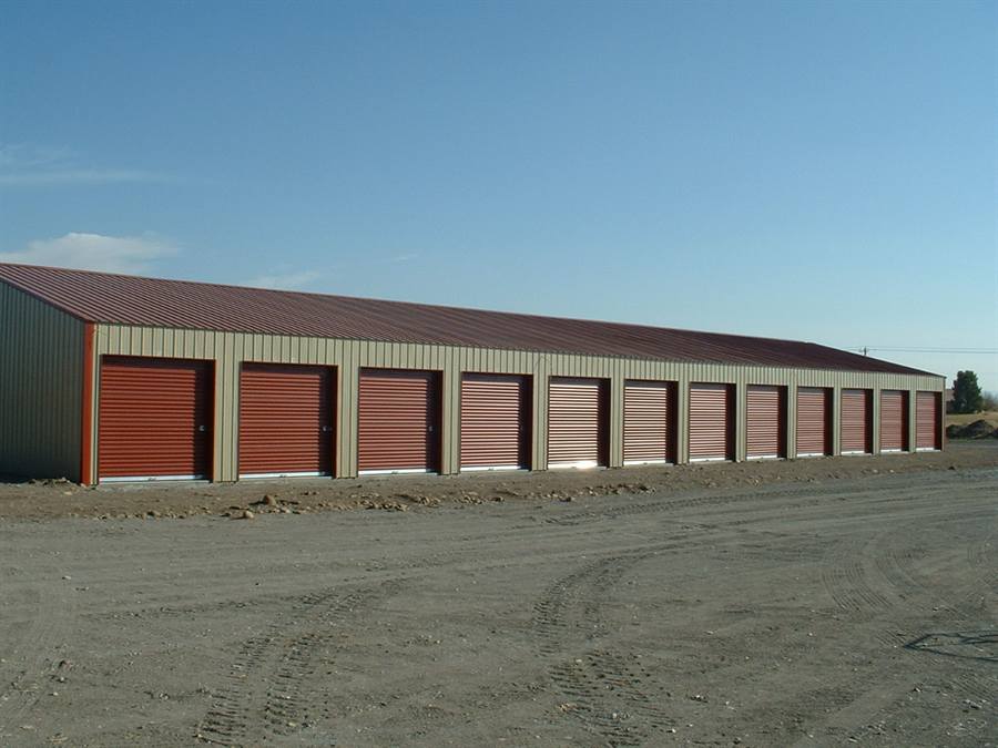 Rows of commercial self-storage garage doors installed by Valley Overhead Door