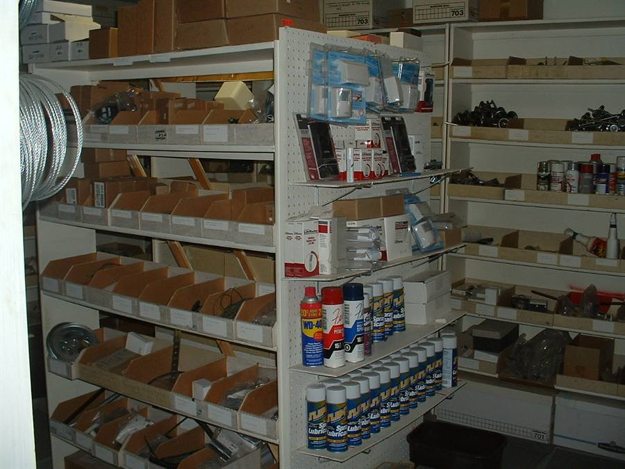 Garage door parts stocked on shelves at Valley Overhead Door in Idaho Falls